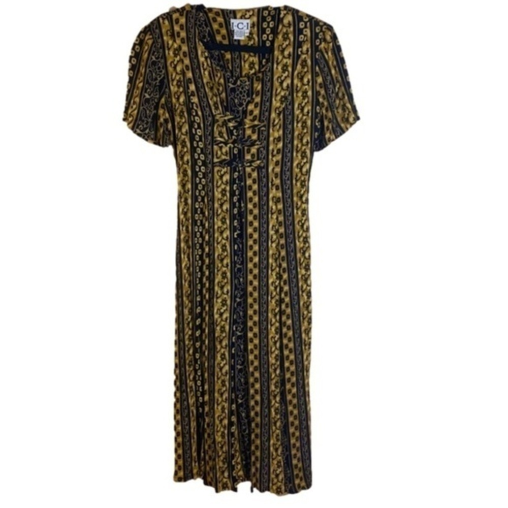 Batik Print Dress Boho Black Tan Small